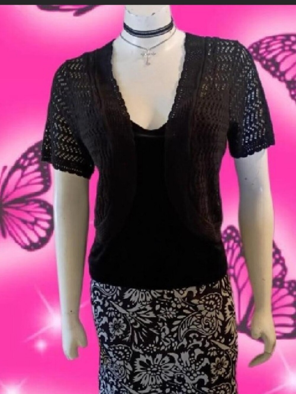 VTG Y2K Jessica Howard Black Cropped Short Sleeve Crochet Open Cardigan Sz XL